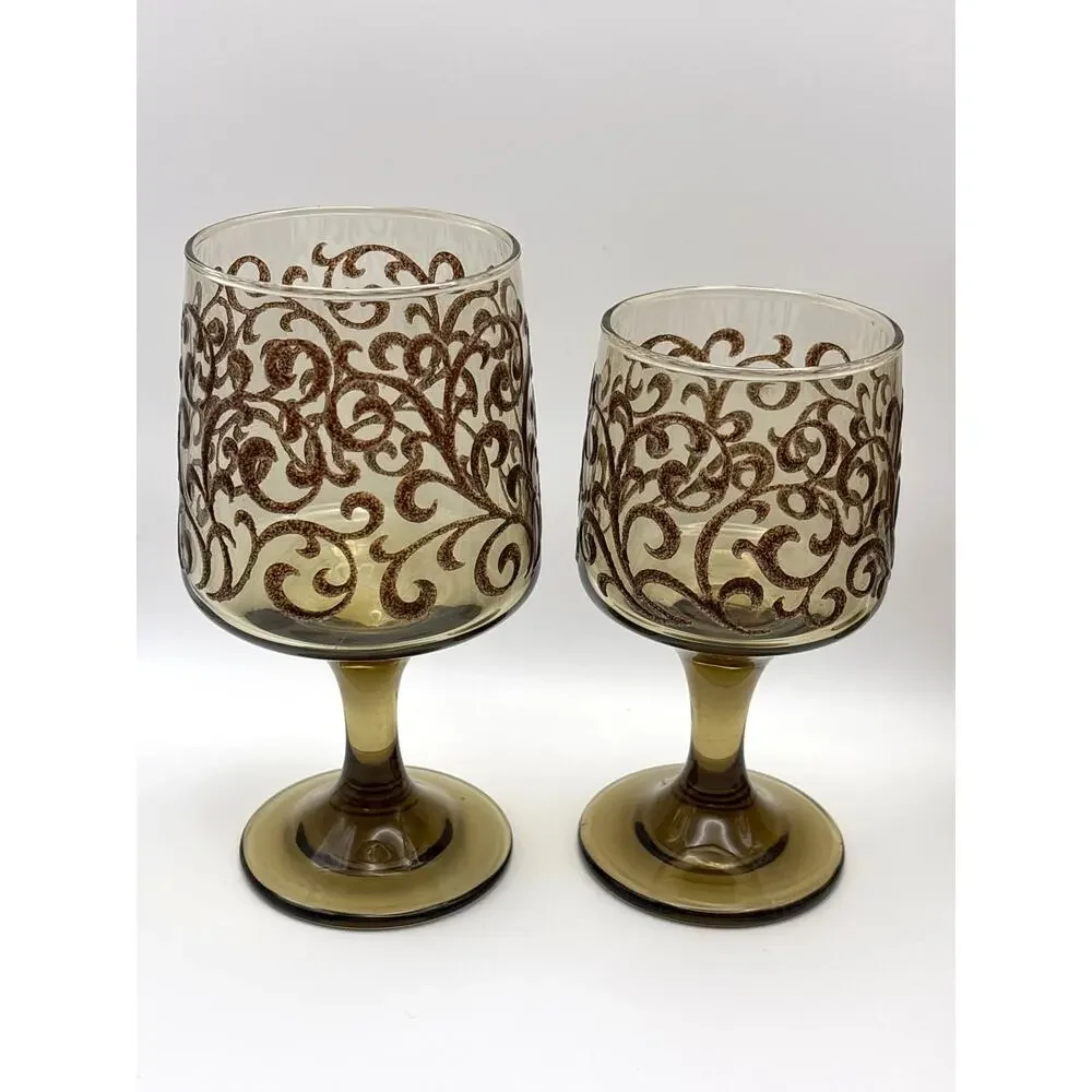 Vintage Libbey Prado Water Goblets (3)Wine Goblets(2) Scroll Pattern Brown